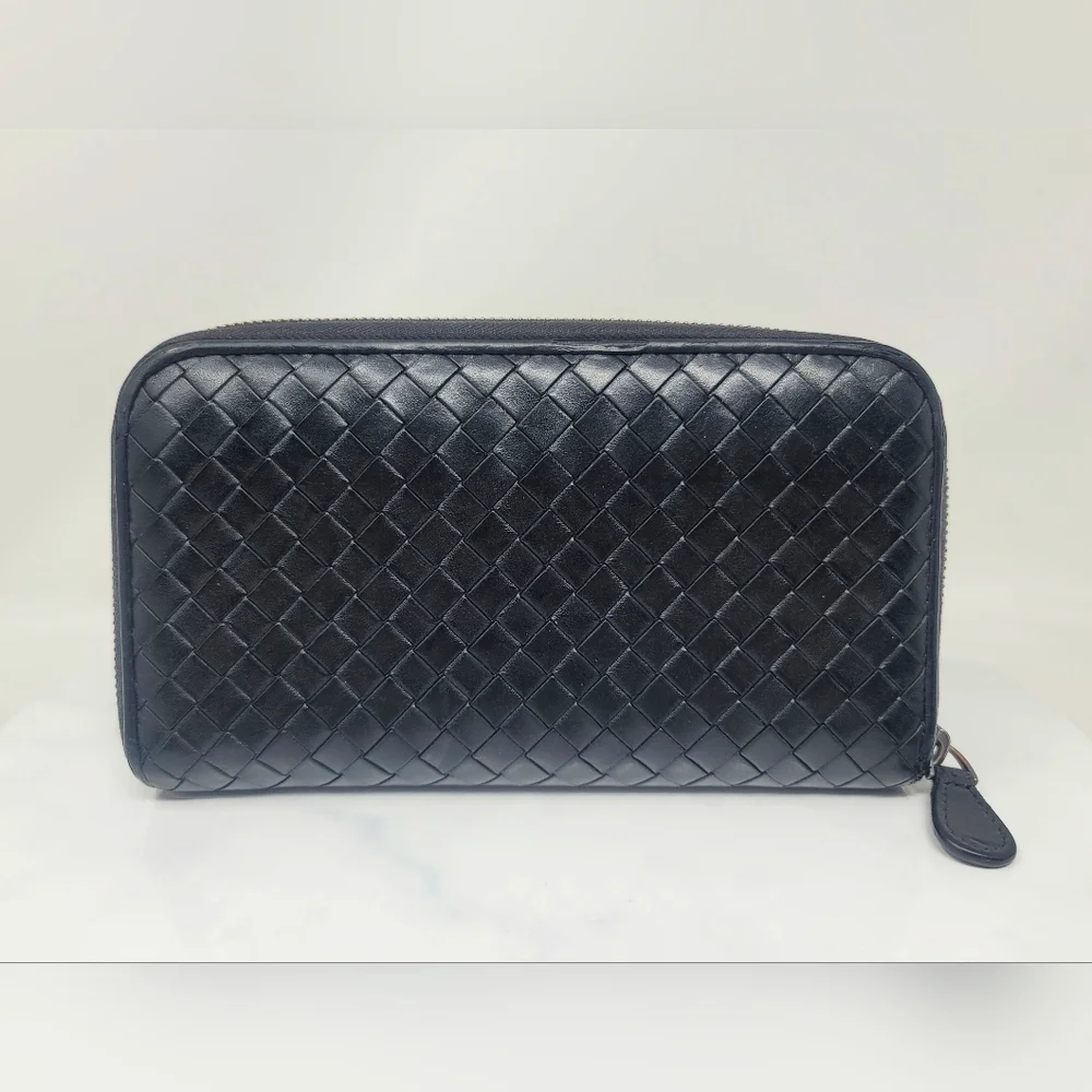 Bottega Veneta Black Woven Leather Zip Around Long Wallet Italy Authentic